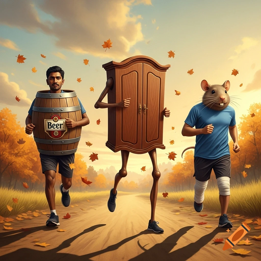 An Indian man with a beer barrel torso, a wardrobe with skinny legs, and a rat-headed man with a bandaged leg run a marathon on a dirt path during autumn.