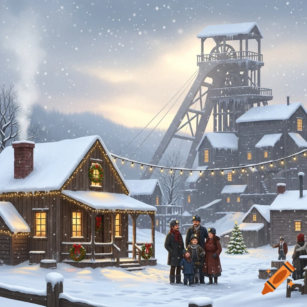 A picturesque snowy Christmas scene with a family of four in a festive mining village at dusk.