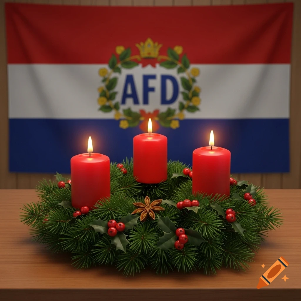 An Advent wreath with three lit red candles on a wooden table, in front of a flag with red, white, and blue stripes and the letters AFD in a green wreath.