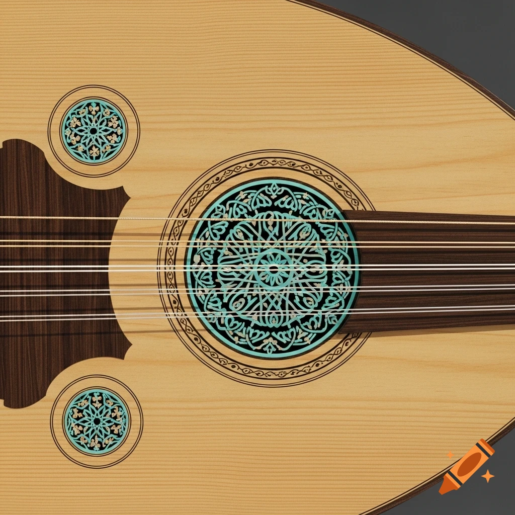 Close-up of an Oud with a light wood body, dark brown fretboard, and intricate turquoise and black ornate soundholes.