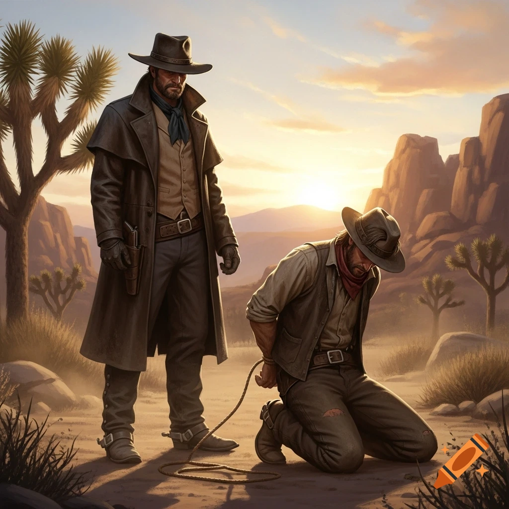 A cowboy in a duster coat stands over another cowboy kneeling with hands tied, against a desert sunset backdrop.