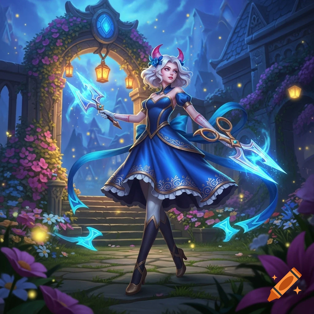 A fantasy character with white hair, red horns, and a blue dress holding glowing blades in a magical garden.