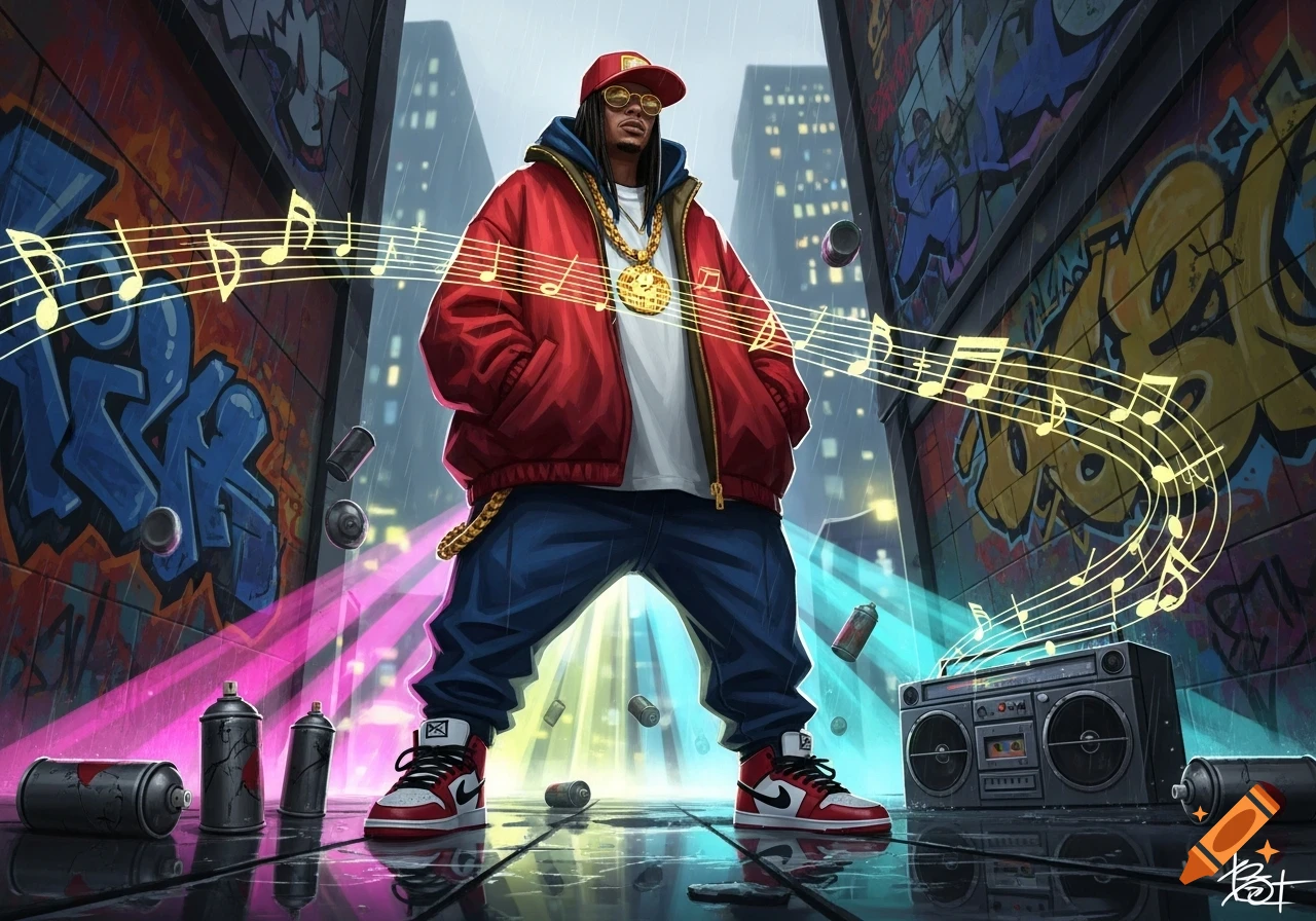 Cartoon hip-hop artist in red jacket, gold chains, stands in a graffiti-filled alley with musical notes and a boombox.