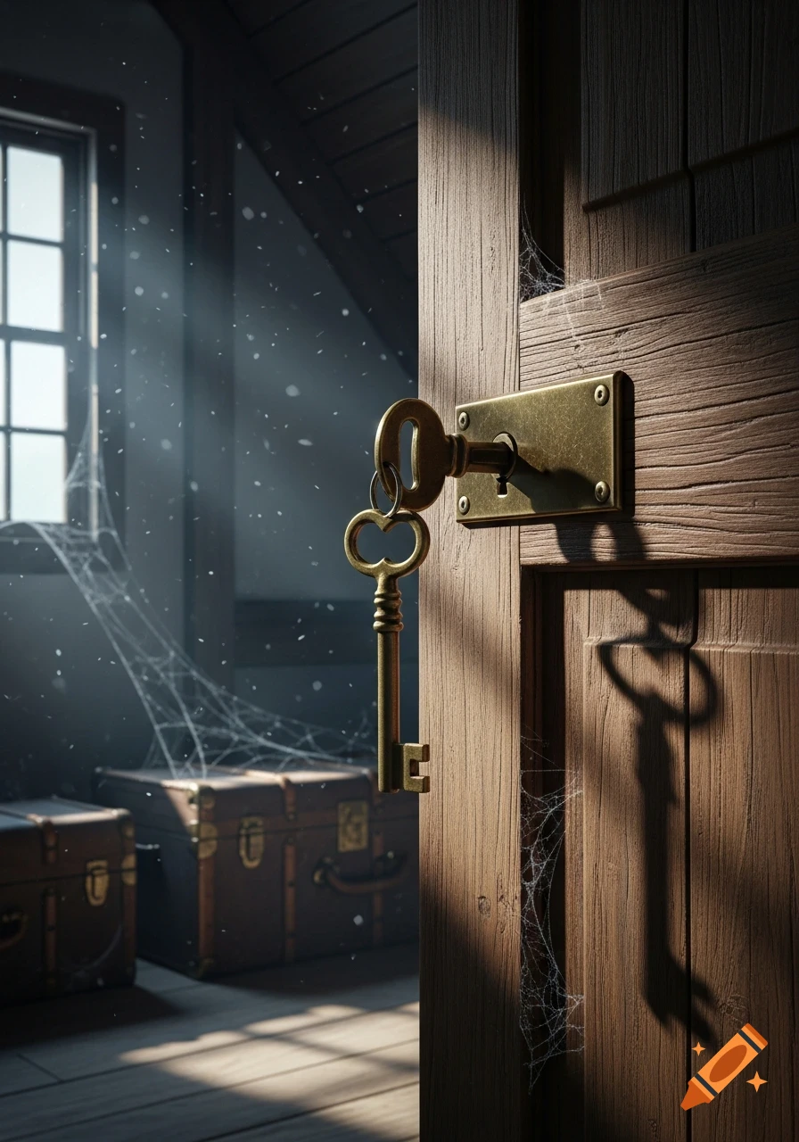 An old skeleton key in a rustic wooden door, opening into a dusty, sunlit attic with cobwebs and old trunks.
