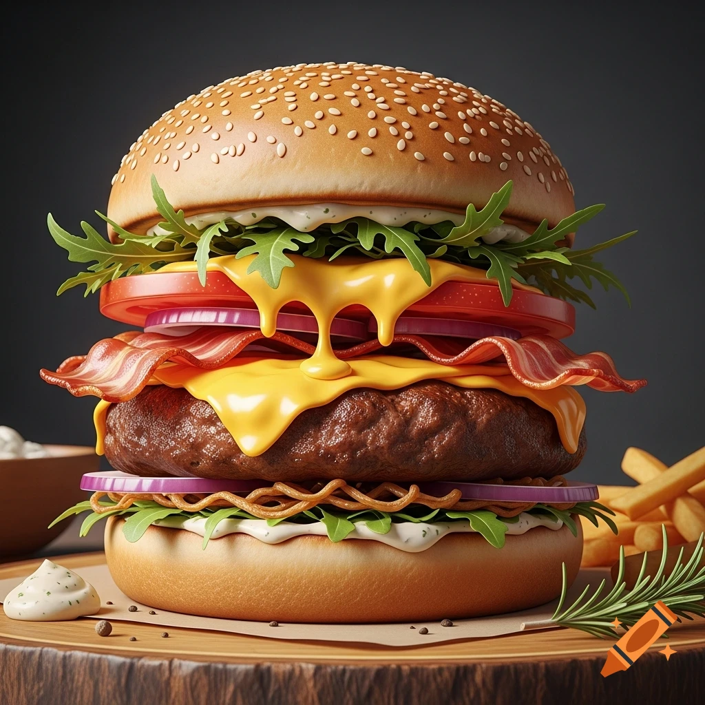 A tall, delicious-looking gourmet burger with melted cheese, crispy bacon, fresh vegetables, and a sesame seed bun on a wooden board.