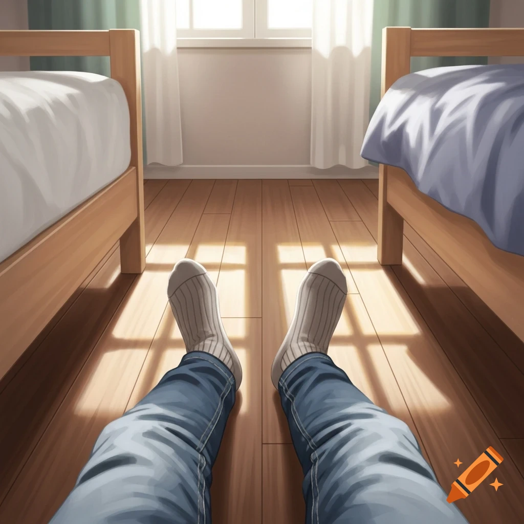 First-person illustrative view of legs in jeans and striped socks on a wooden floor, looking towards a bright window between two beds.