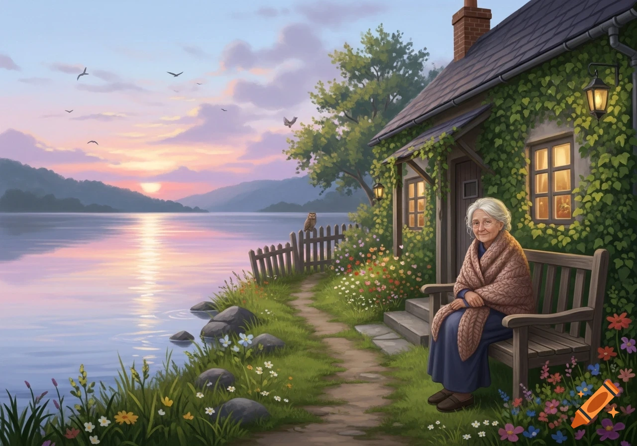 Illustrative painting of an old woman sitting on a bench outside an ivy-covered cottage by a lake at sunset.