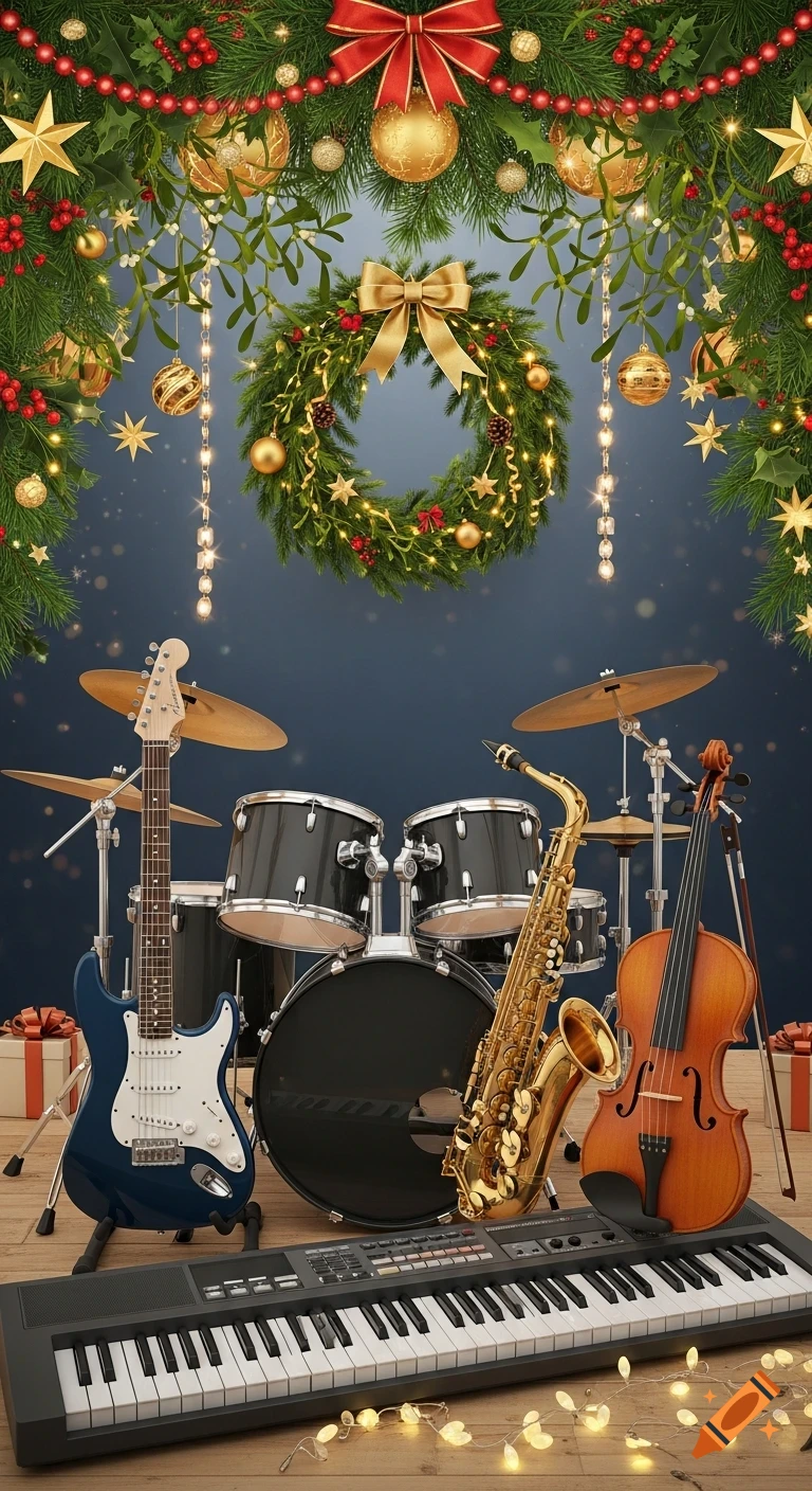 A festive display of musical instruments including an electric guitar, drum kit, saxophone, cello, and keyboard on a wooden floor, set against a dark blue background adorned with Christmas garlands, a wreath, and sparkling lights.