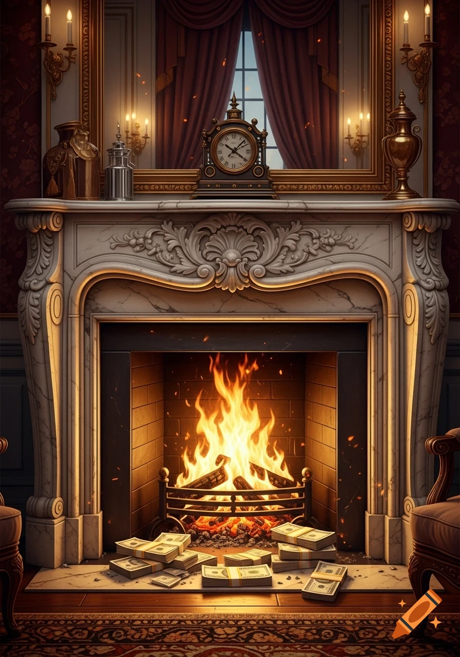 Stacks of cash on the hearth of a grand marble fireplace with a roaring fire in a luxurious room.