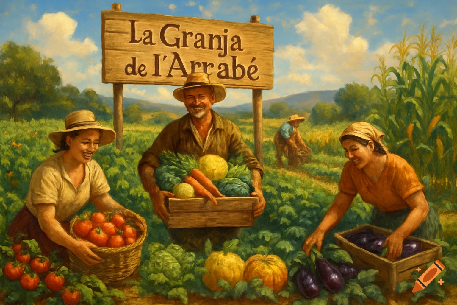 Three smiling farmers harvest vegetables in a lush field with a sign reading 'La Granja de l'Arrabé', in a painterly style.