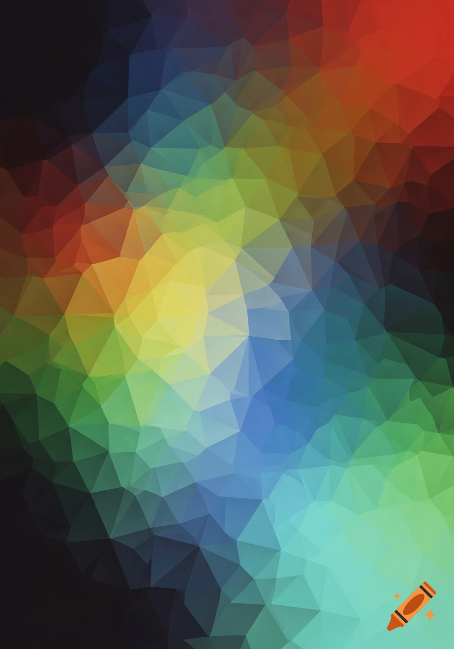 Colorful abstract low-poly pattern with transitioning shades of red, orange, yellow, green, and blue.