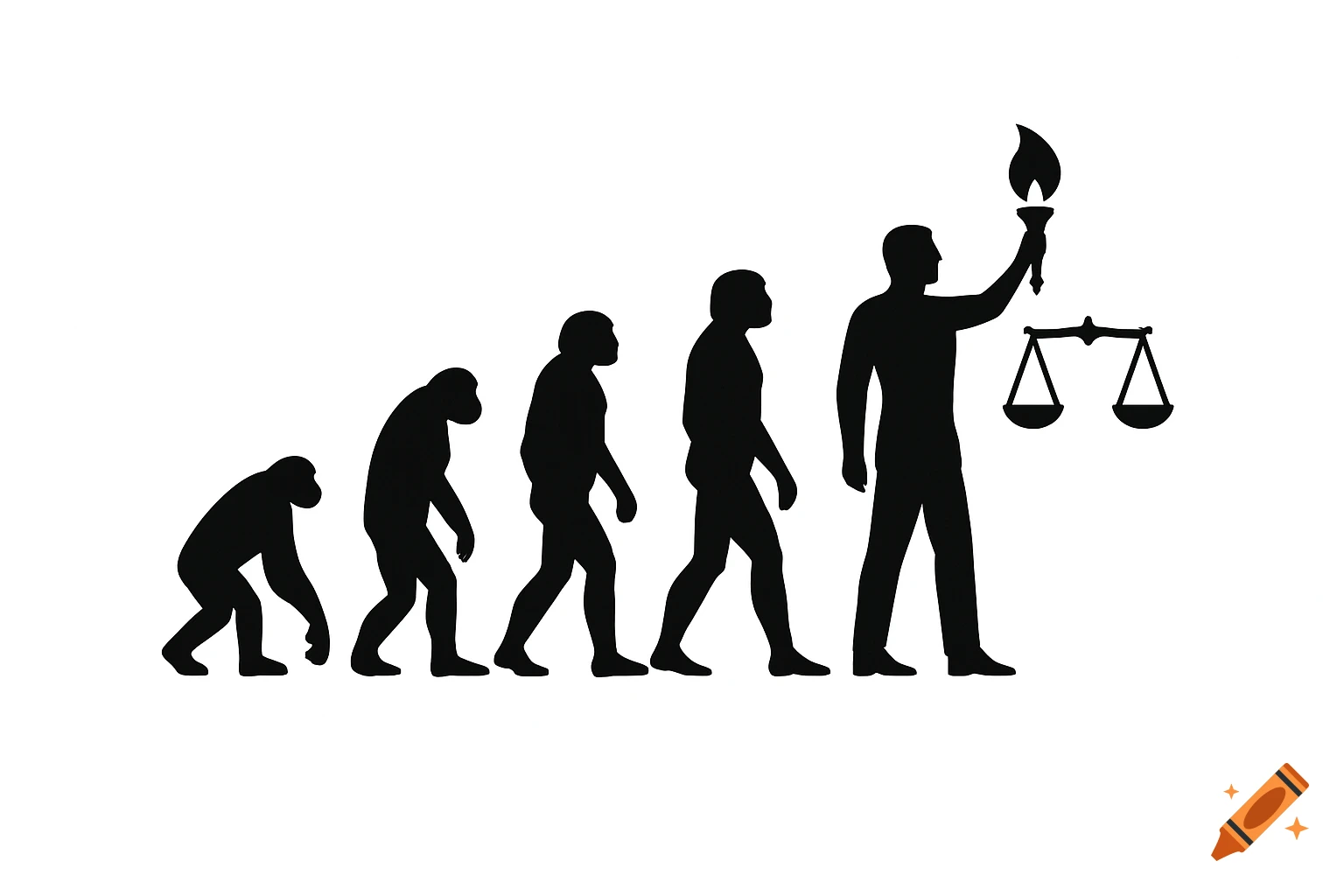 Black silhouettes on white background depicting human evolution, from ape to upright man holding a torch and scales of justice.