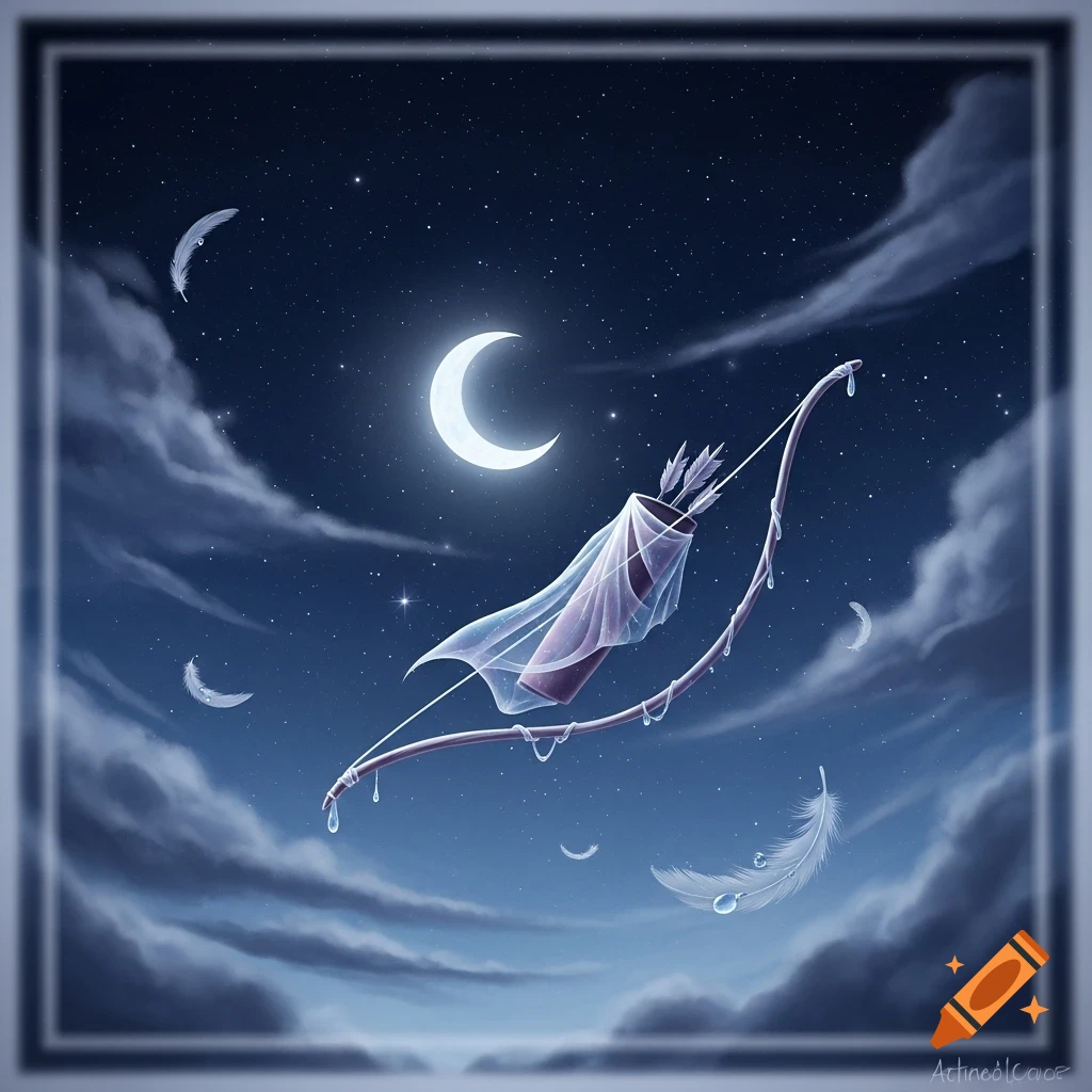 A fantasy illustration of a crescent moon and stars in a dark blue night sky, featuring a ghostly bow and quiver with flowing fabric, water droplets, and floating feathers.