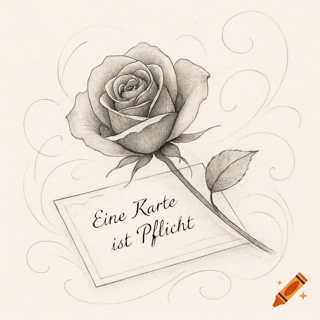 A detailed black and white pencil drawing of a rose lying on a postcard with German text "Eine Karte ist Pflicht".