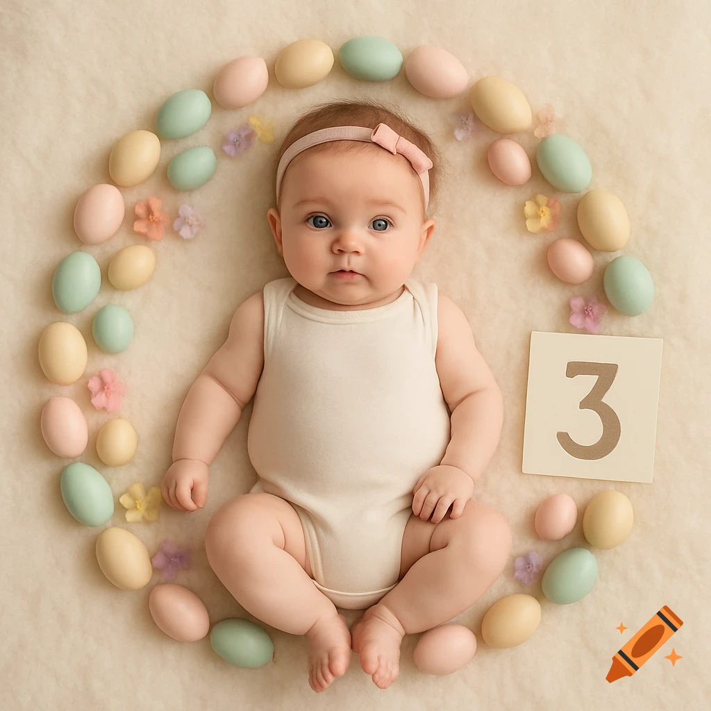 A 3-month-old baby lies on a cream blanket, surrounded by pastel eggs and flowers, with a '3' card next to them.
