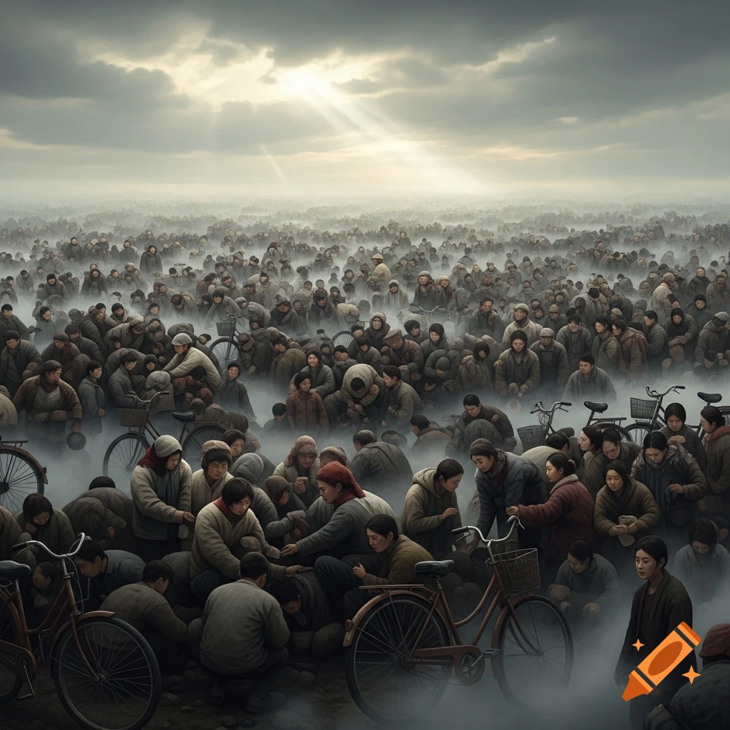 A vast crowd of people, many with bicycles, gathered in a misty, somber landscape under a cloudy sky with sunlight breaking through.