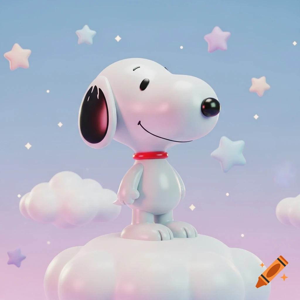 A cute 3D rendered Snoopy with a red collar stands on a fluffy white cloud against a pastel sky with floating stars.