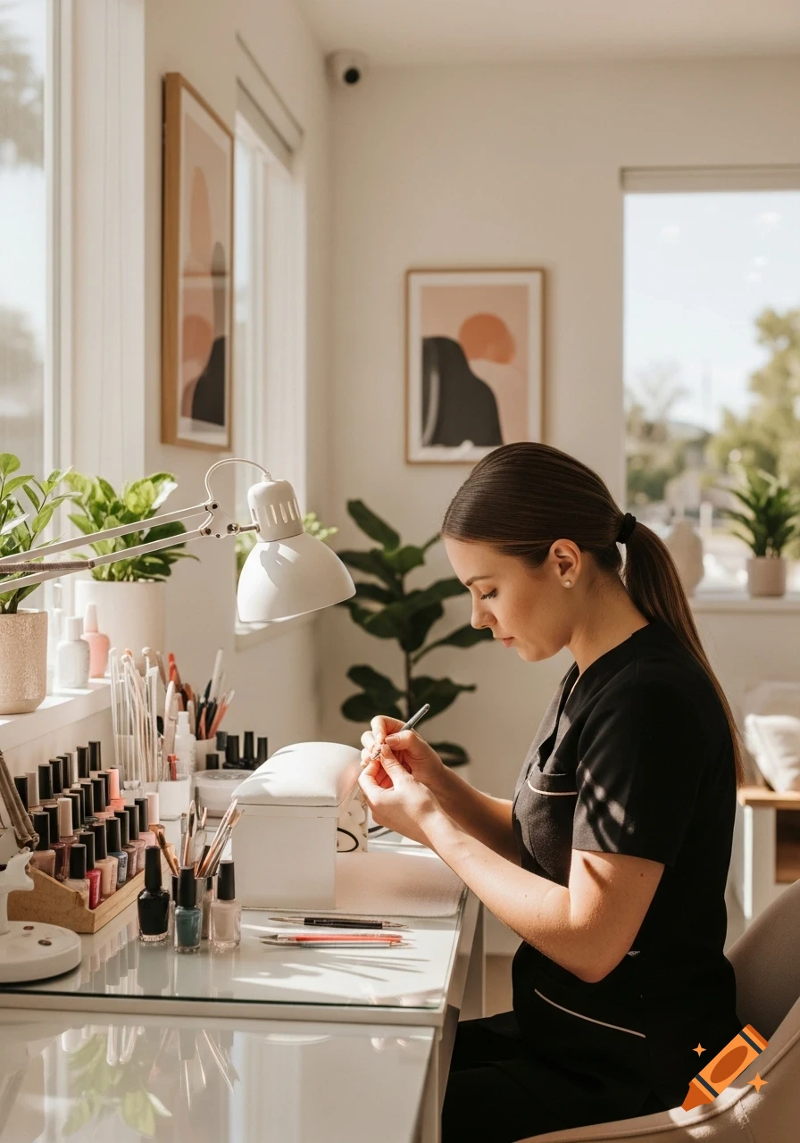 A nail technician meticulously applies polish during a manicure at a brightly lit salon table filled with nail supplies.