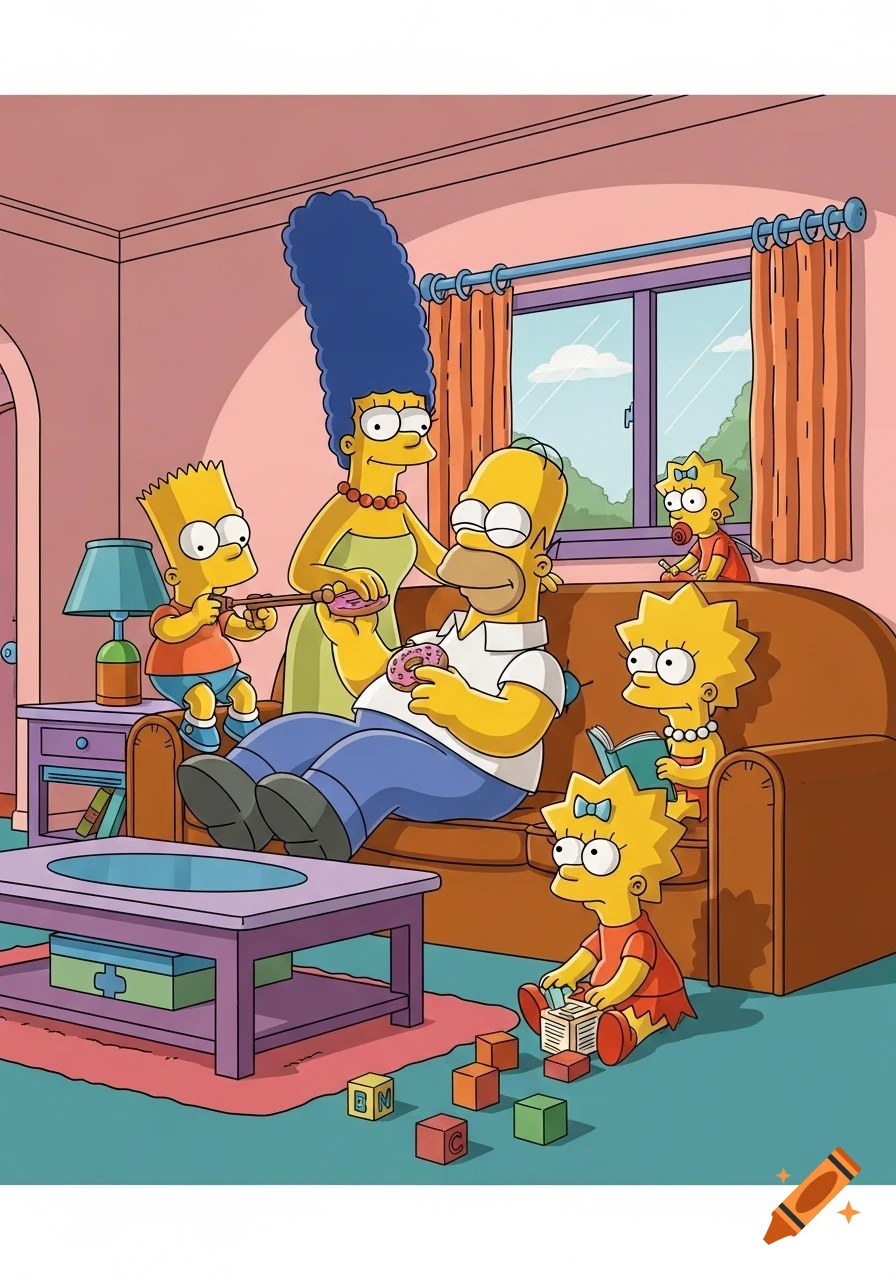 The Simpsons family in their living room: Homer eats a donut, Marge stands, Bart holds a donut, Lisa reads, and Maggie plays with blocks.
