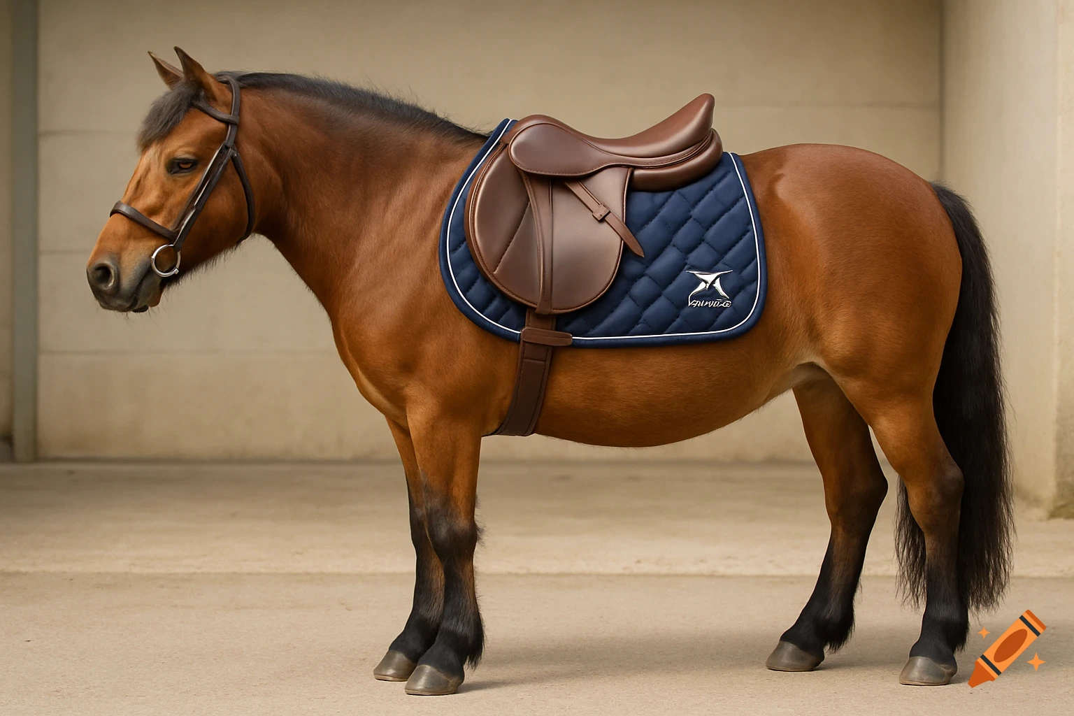 Photorealistic side view of a brown pony wearing a brown leather saddle and navy blue quilted saddle pad with a logo, standing calmly in a neutral indoor setting.