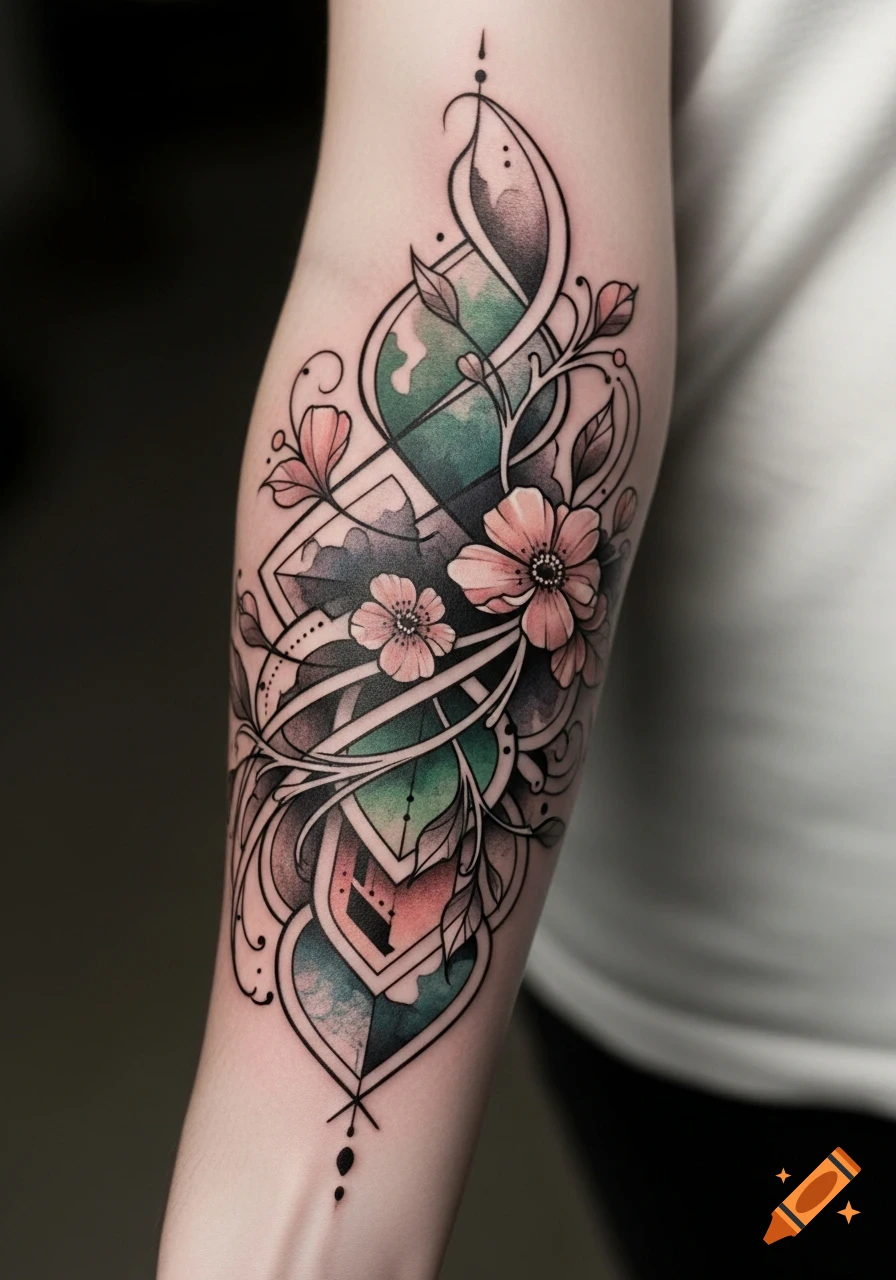 Close-up of an arm with a vibrant half-sleeve tattoo, featuring pink flowers intertwined with geometric and abstract green/teal patterns.