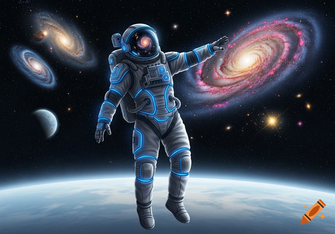 A vibrant illustration of an astronaut in a blue-glowing suit floating above a planet in deep space, surrounded by colorful spiral galaxies.