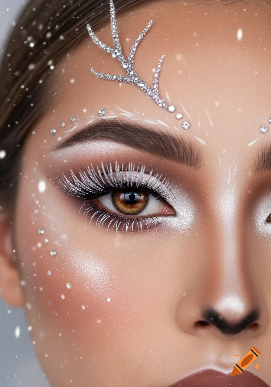 Close-up of a woman's face with intricate reindeer-inspired winter makeup, featuring white eyelashes, glittery antlers, and falling snow.