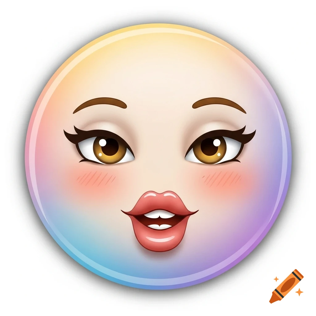 A stylized emoji face with brown eyes, winged eyeliner, and glossy, slightly parted lips, set in a pastel rainbow gradient circle.