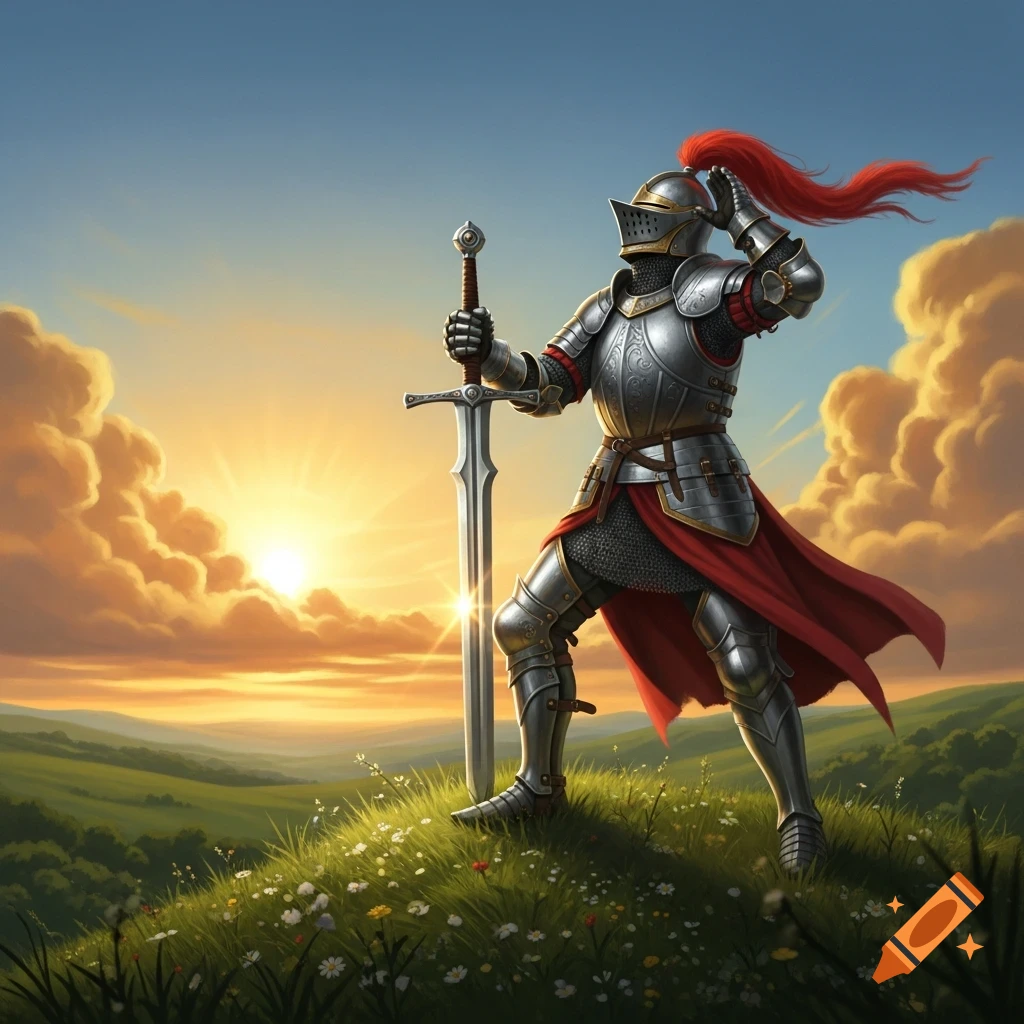 A knight in shining armor with a red plume, holding a sword on a grassy hill at sunset, digital painting.