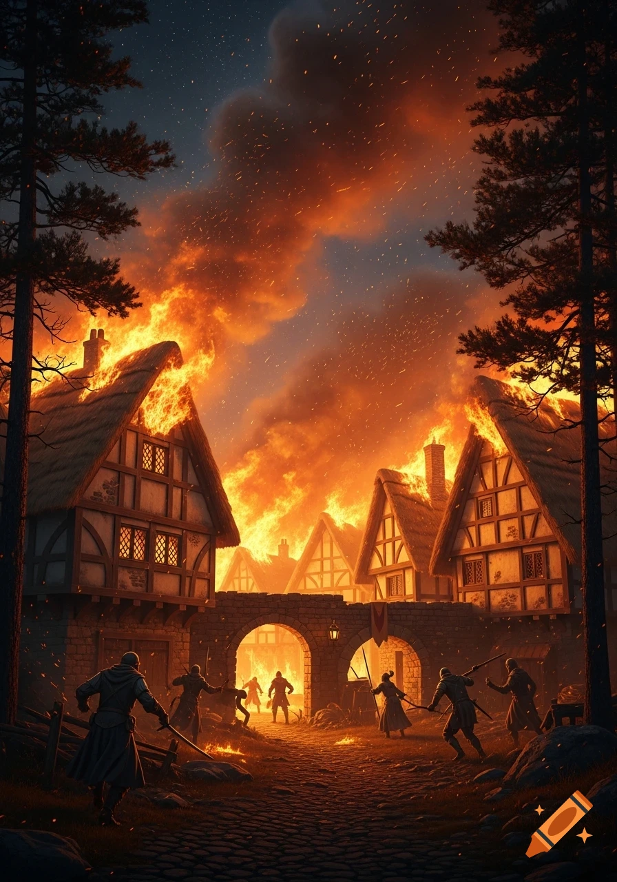 A dramatic medieval fantasy village on fire at night, with people fighting in the foreground under a fiery orange and smoke-filled sky.