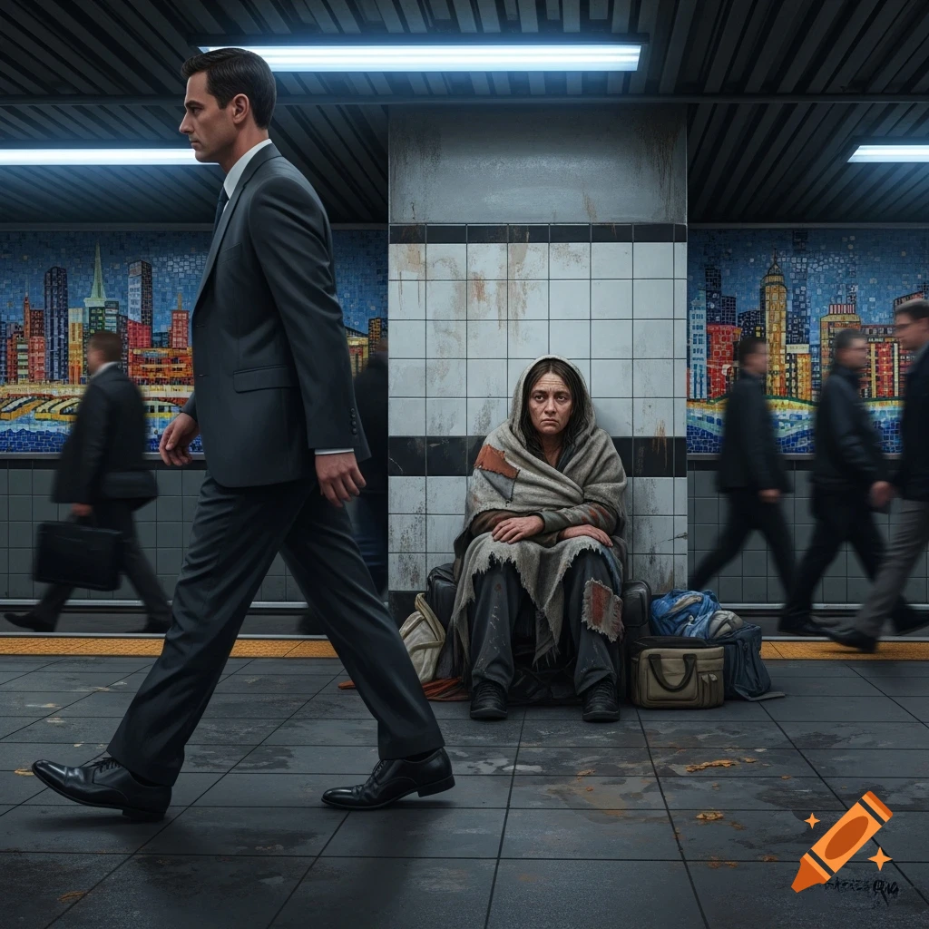 A suited man walks past a homeless woman sitting on a subway platform. Photorealistic.
