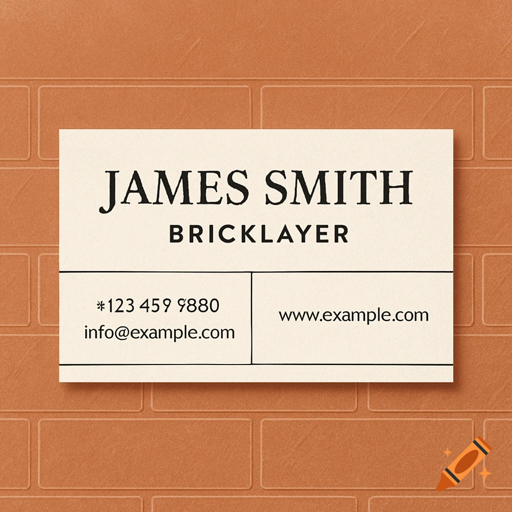 A professional business card for James Smith, a bricklayer, featuring contact details on a cream card against a brick wall.