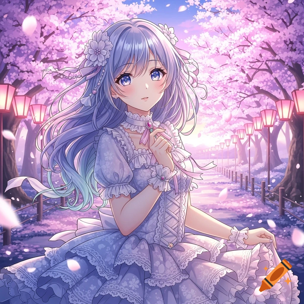 Anime girl with blue-purple hair in a frilly dress walks on a cherry blossom path with lanterns at sunset.