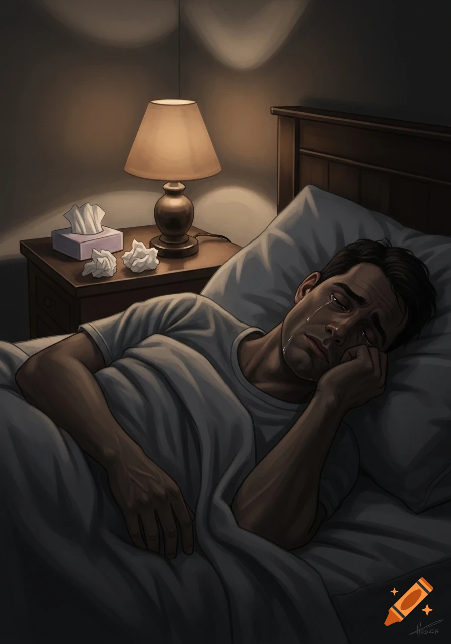 Illustrated man crying while lying in bed in a dark bedroom, with a lamp and tissues on the nightstand.