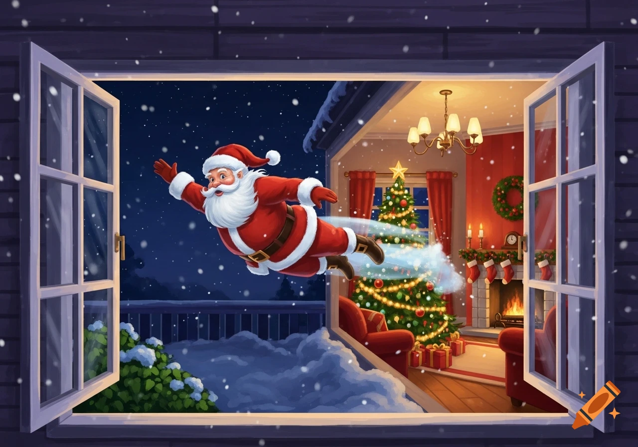 Illustrated Santa Claus flying past an open window into a snowy night, with a cozy Christmas living room visible inside.