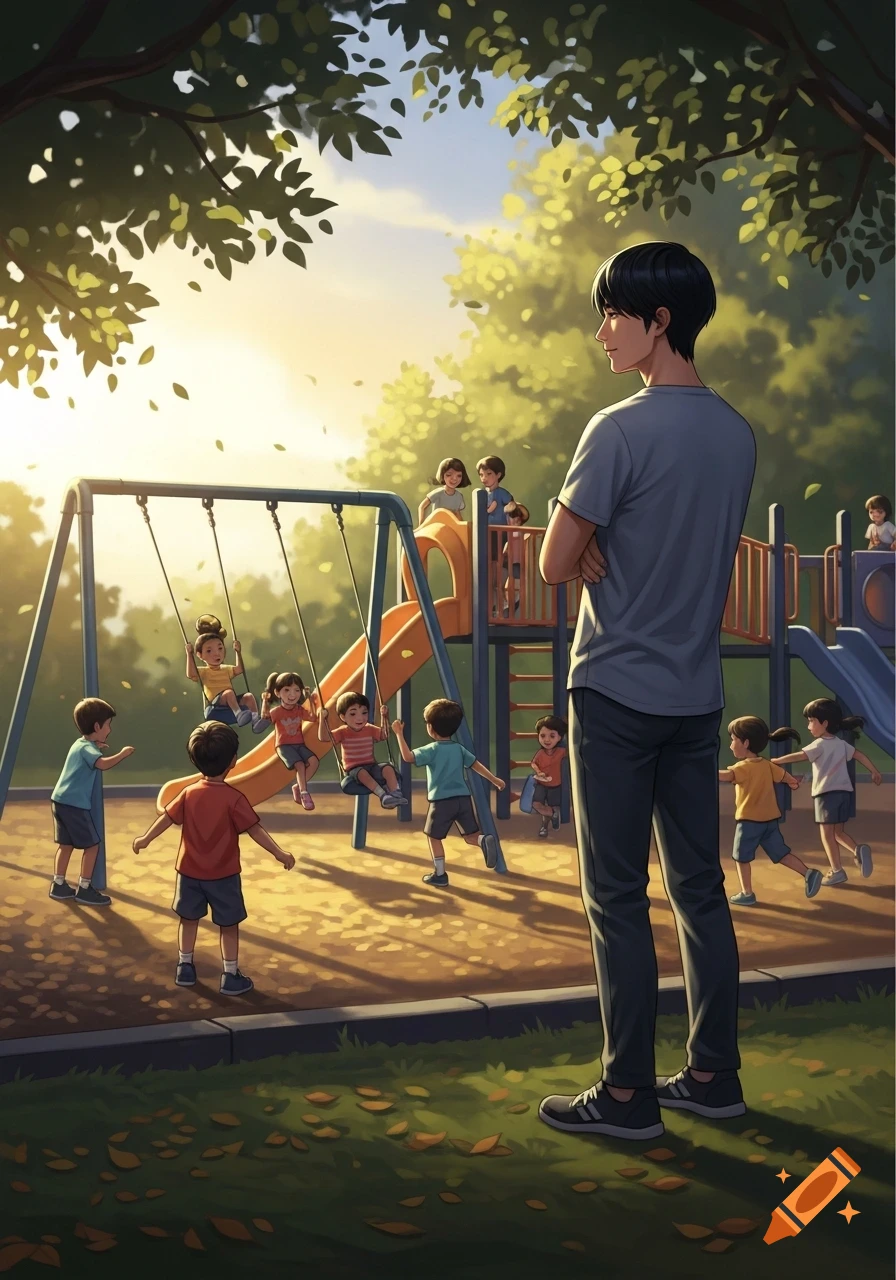 An anime illustration of a man watching children play on swings and a slide at a sunny playground.