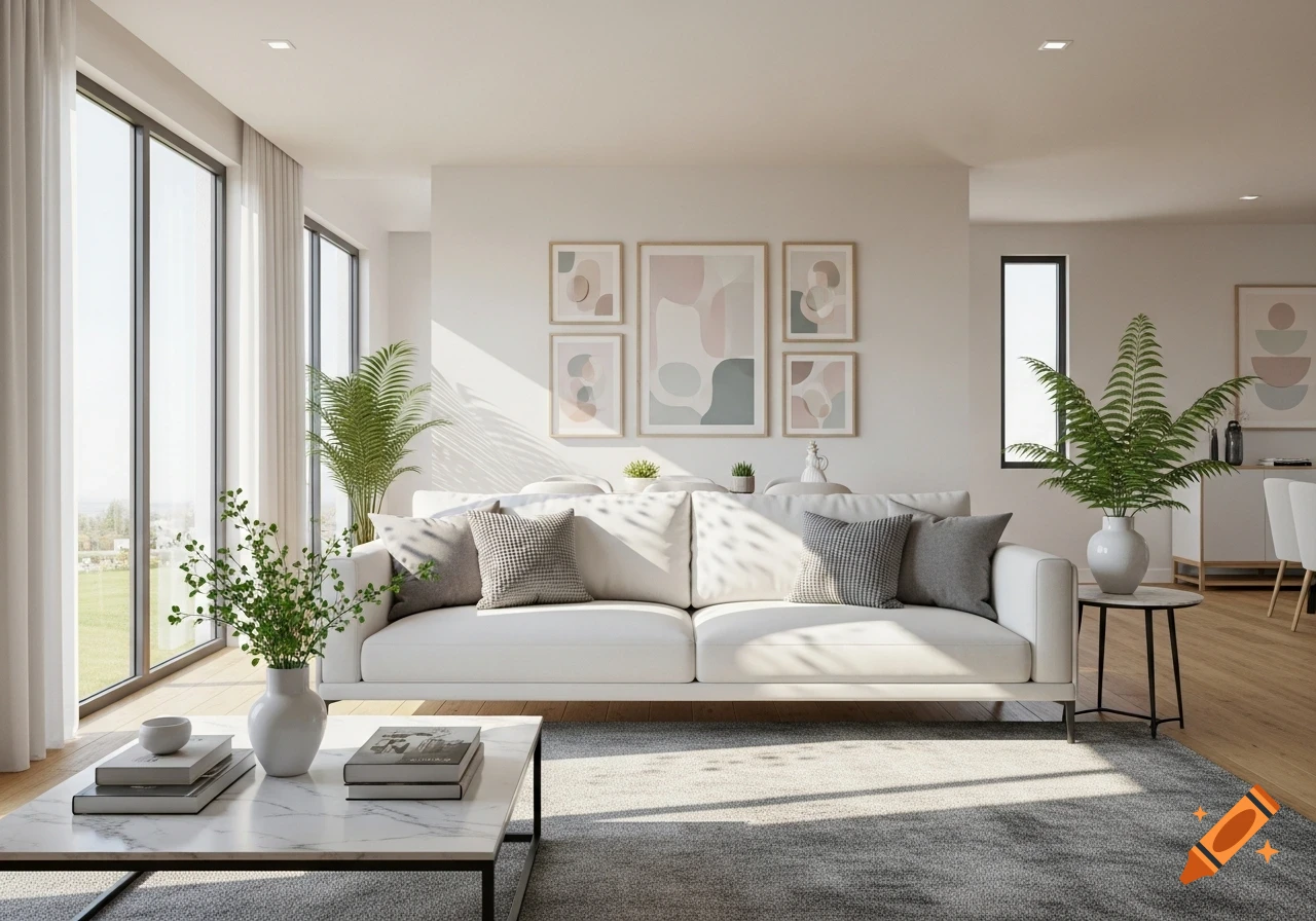 Bright, modern living room with a white sofa, marble coffee table, green plants, and framed abstract art.