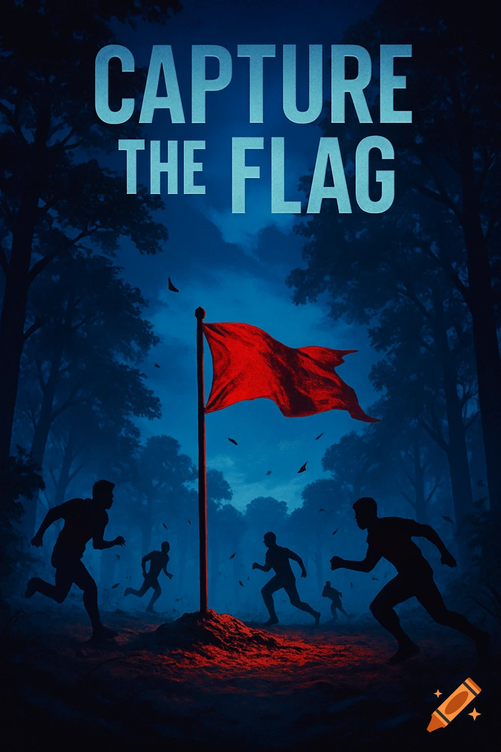 Poster for 'Capture the Flag' with silhouettes running in a dark, blue-lit forest towards a red flag.