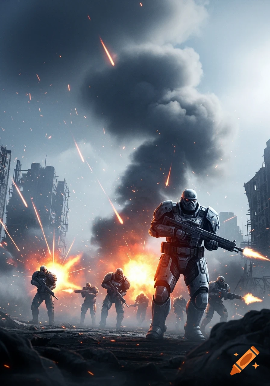 Futuristic soldiers battle in a ruined city amidst explosions and smoke ...