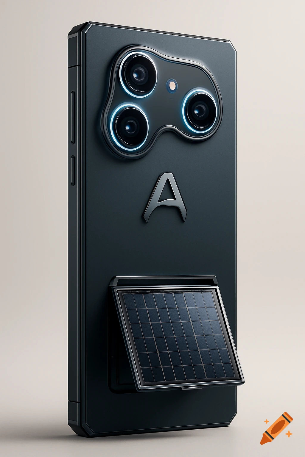A futuristic dark blue smartphone with a unique camera module glowing with blue rings and a metallic 'A' logo. A solar panel folds out from the bottom.