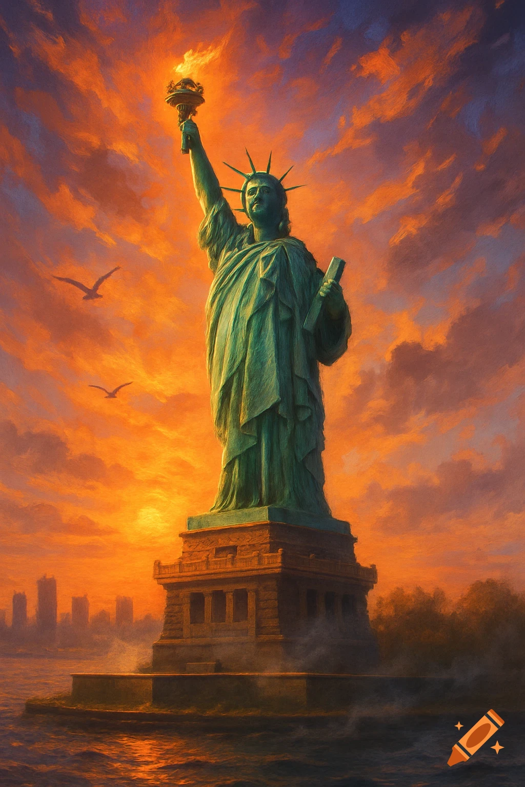 A painterly rendition of the Statue of Liberty against a vibrant orange and red sunset sky, with a distant city skyline.