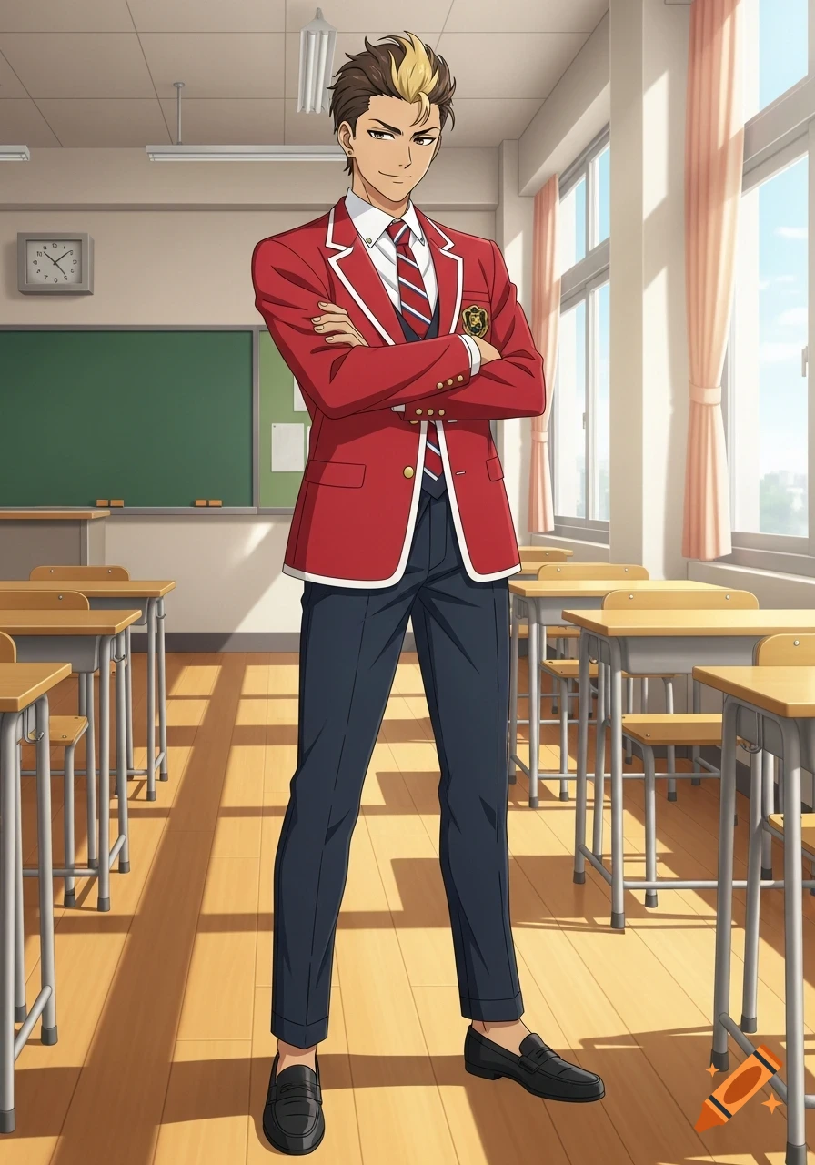 An anime male student with brown and blonde hair, in a red blazer uniform, standing confidently with crossed arms in a bright classroom.