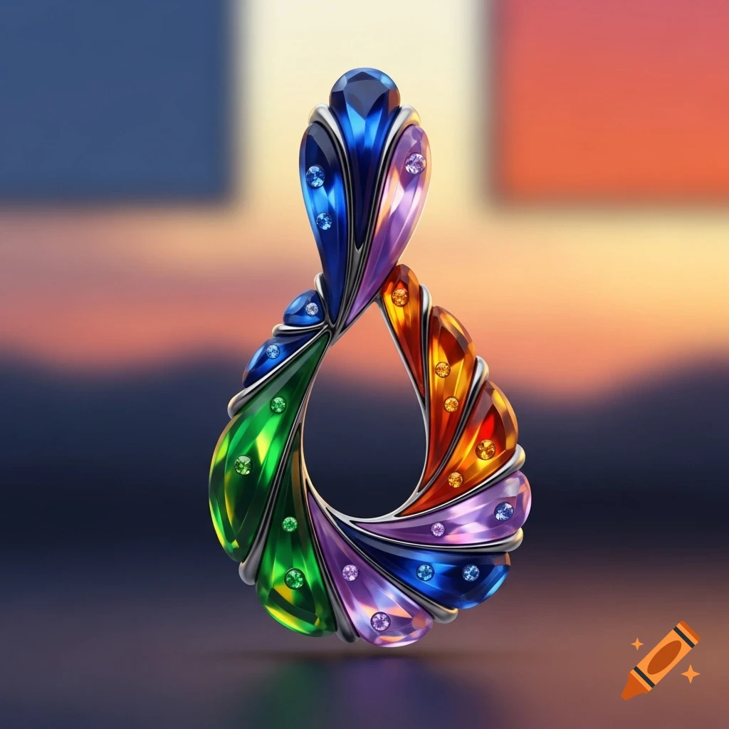 A vibrant, abstract tear-drop shaped pendant or earring, adorned with colorful faceted gems, against a blurred background.
