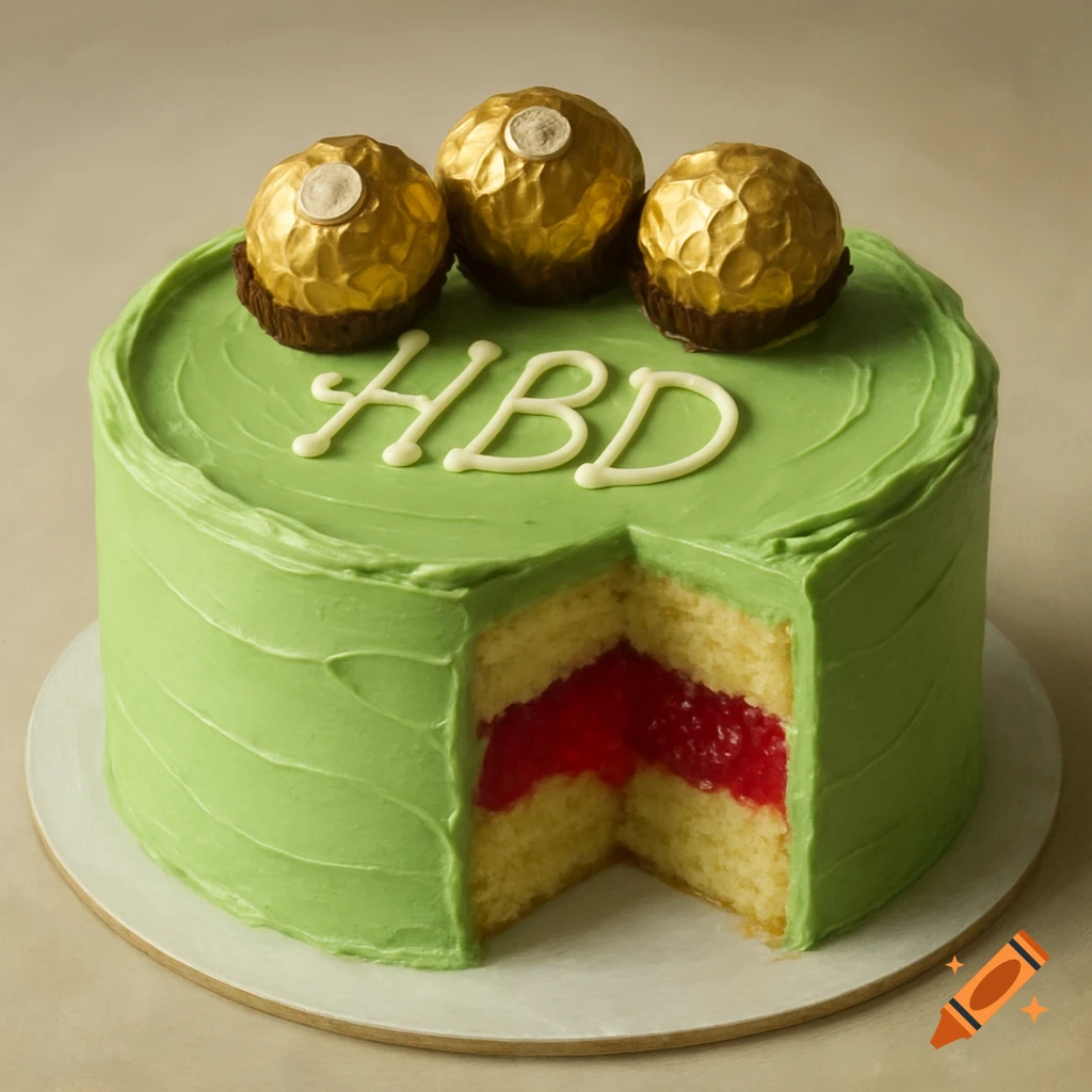 A green frosted vanilla cake with a slice removed, revealing red raspberry filling. 'HBD' is written on top, surrounded by three gold chocolates.