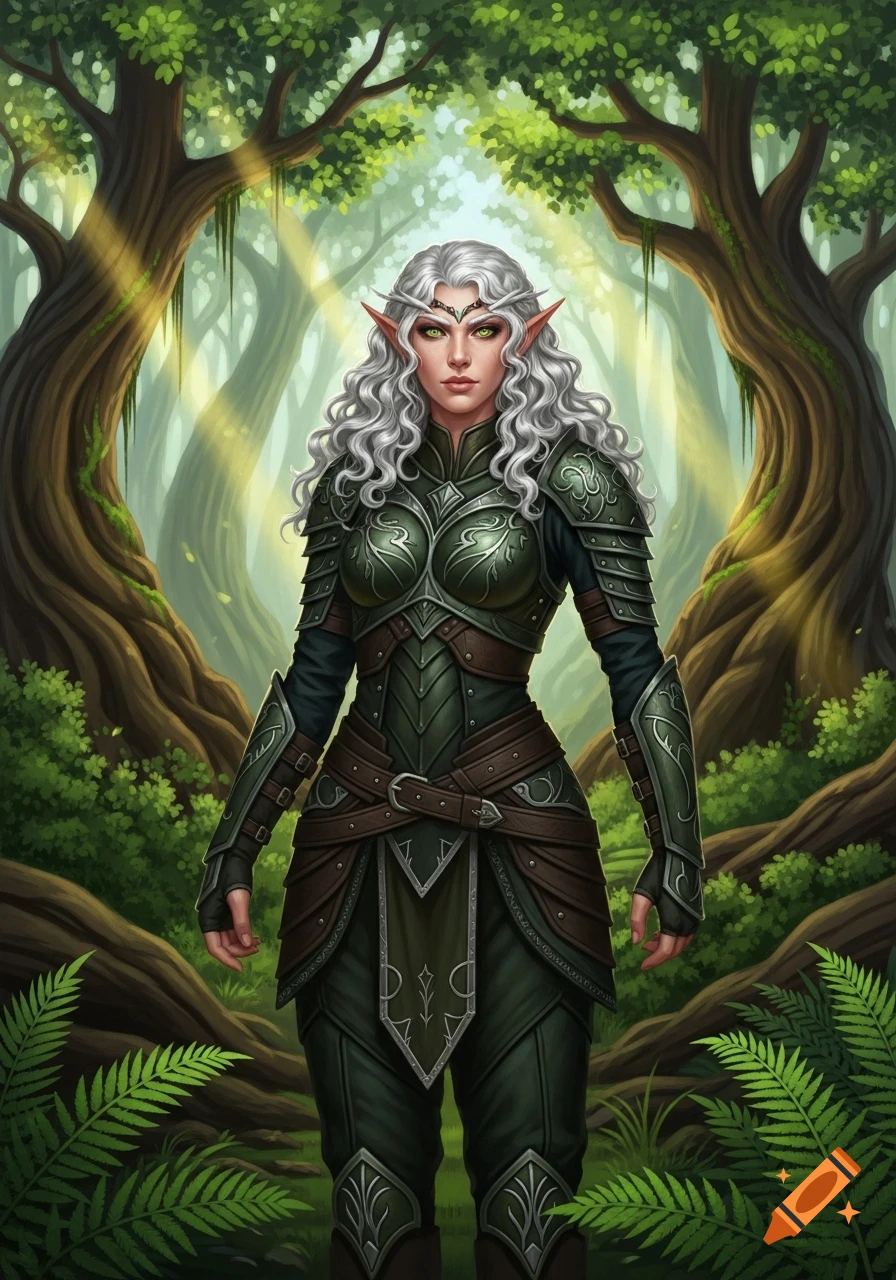 A female wood elf with curly white hair and green eyes, wearing dark green and brown leather armor, stands in a sunlit forest.
