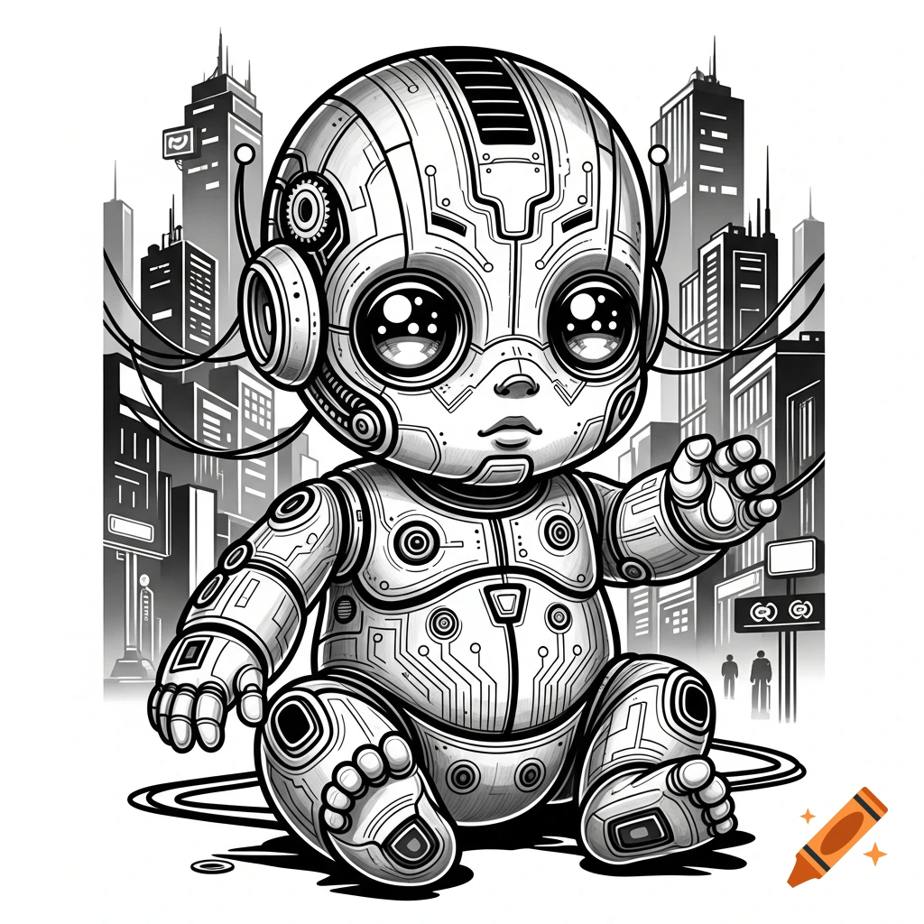 Black and white illustration of a cute baby robot sitting in a cyberpunk cityscape, drawn in a tattoo style.