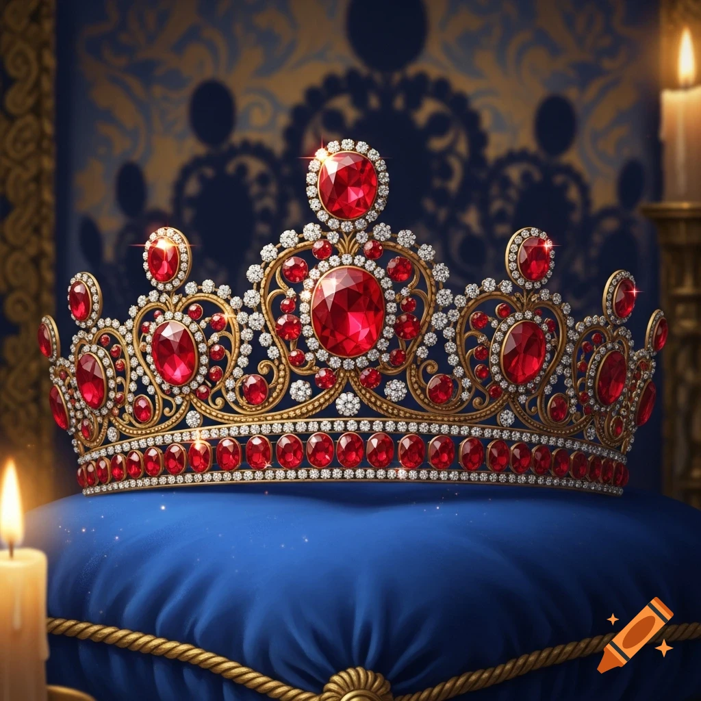 A golden crown richly adorned with red rubies and diamonds, resting on a blue velvet pillow, with candles in an opulent setting.