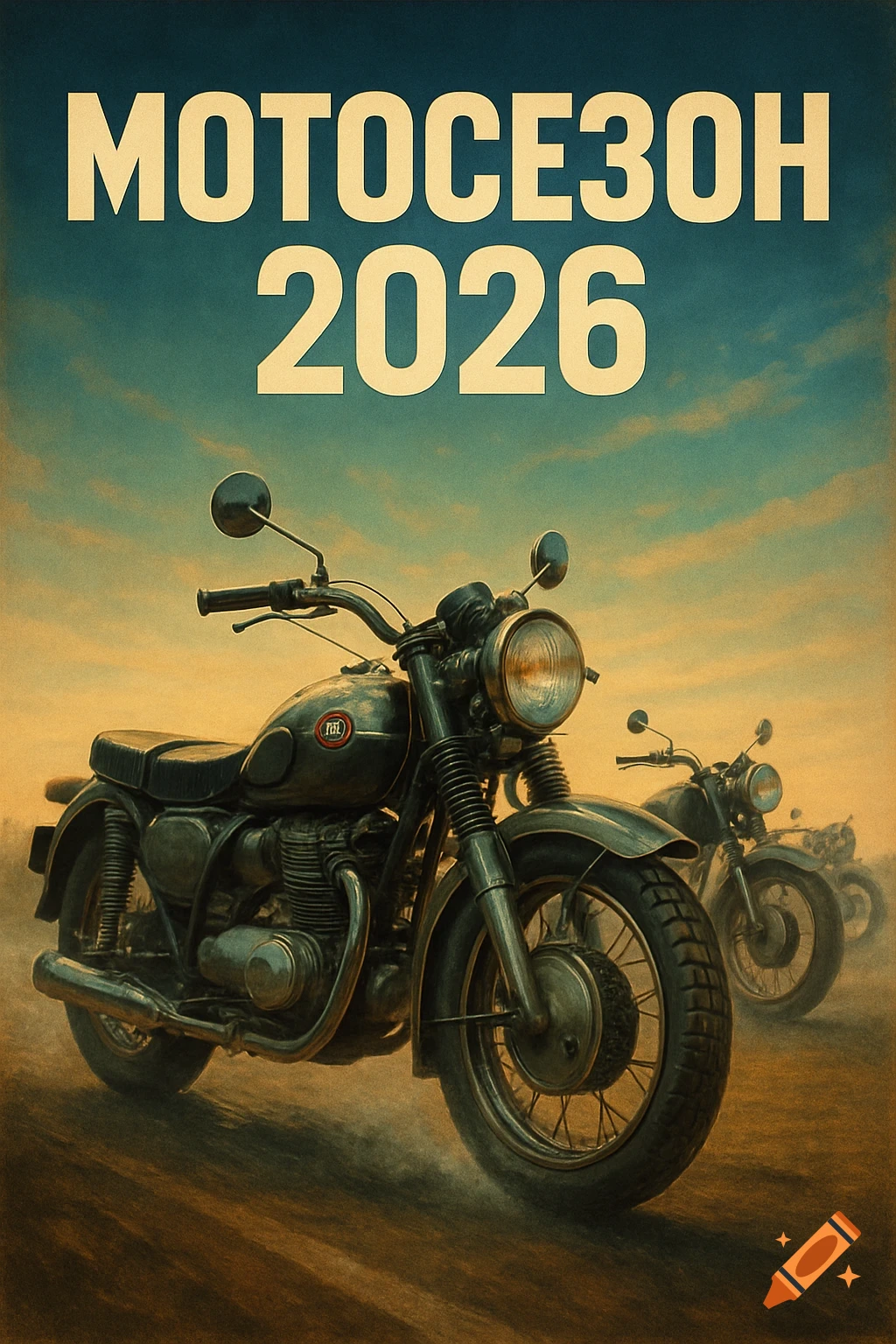 A vintage-style movie poster features a dark motorcycle on a dusty road under a dramatic sky, with the title 'МОТОСЕЗОН 2026'.