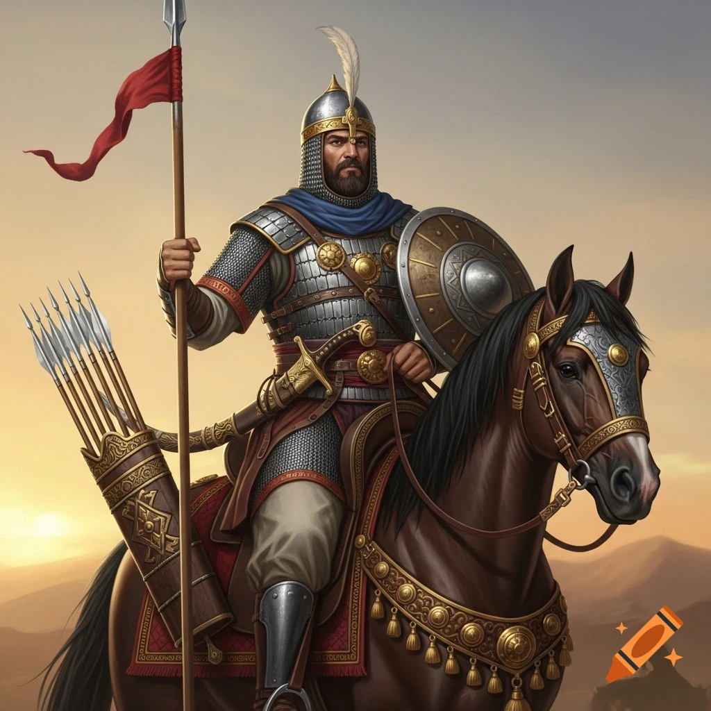 A heavily armored warrior, with a spear and shield, rides an Arabian horse across a desert landscape at sunset.