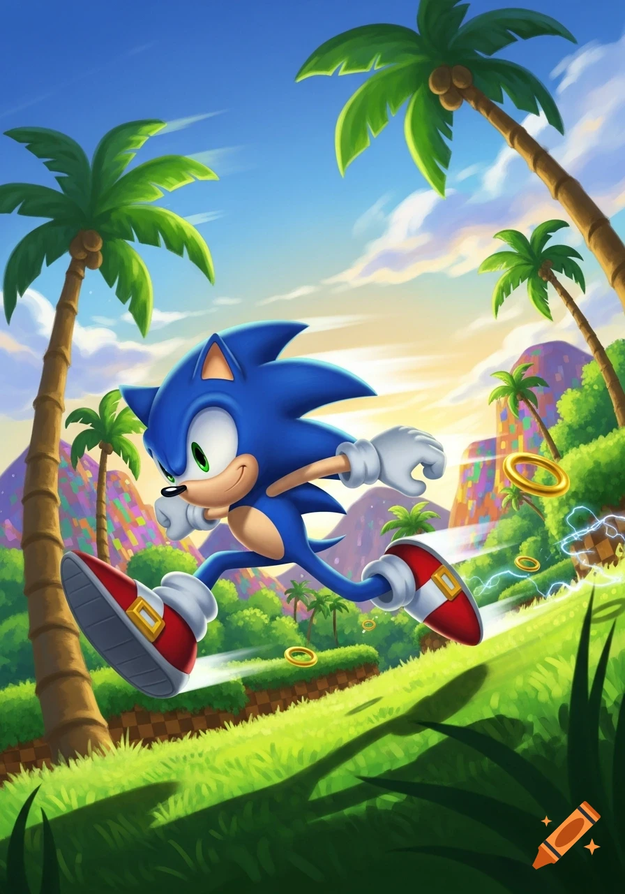 Sonic the Hedgehog speeds through a vibrant Green Hill Zone-like landscape with palm trees, hills, and golden rings in a cartoon illustration style.
